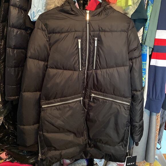 DKNY Faux Fur Trim Hooded Puffer Coat - Picture 1 of 15